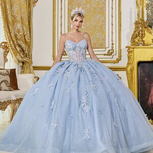 New Sleeveless Floral Lace Embellished Quinceanera Gown w/ Boned Bodice DQ 5073